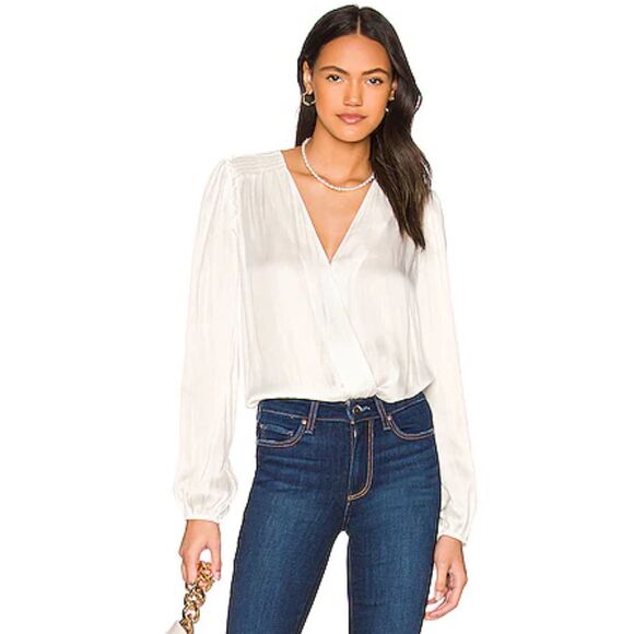 Paige Womens‎ Satin Long Sleeve V-Neck Wrap Whitney Bodysuit Blouse White Small - Picture 1 of 9